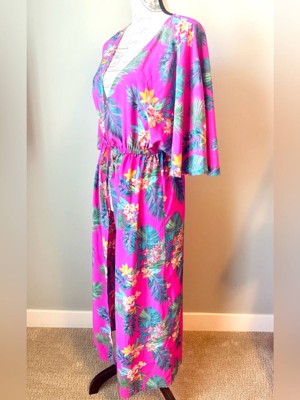 Belle by Kim Gravel Pink Tropical Kimono Cover Up Resort Swimwear - Picture 2 of 4